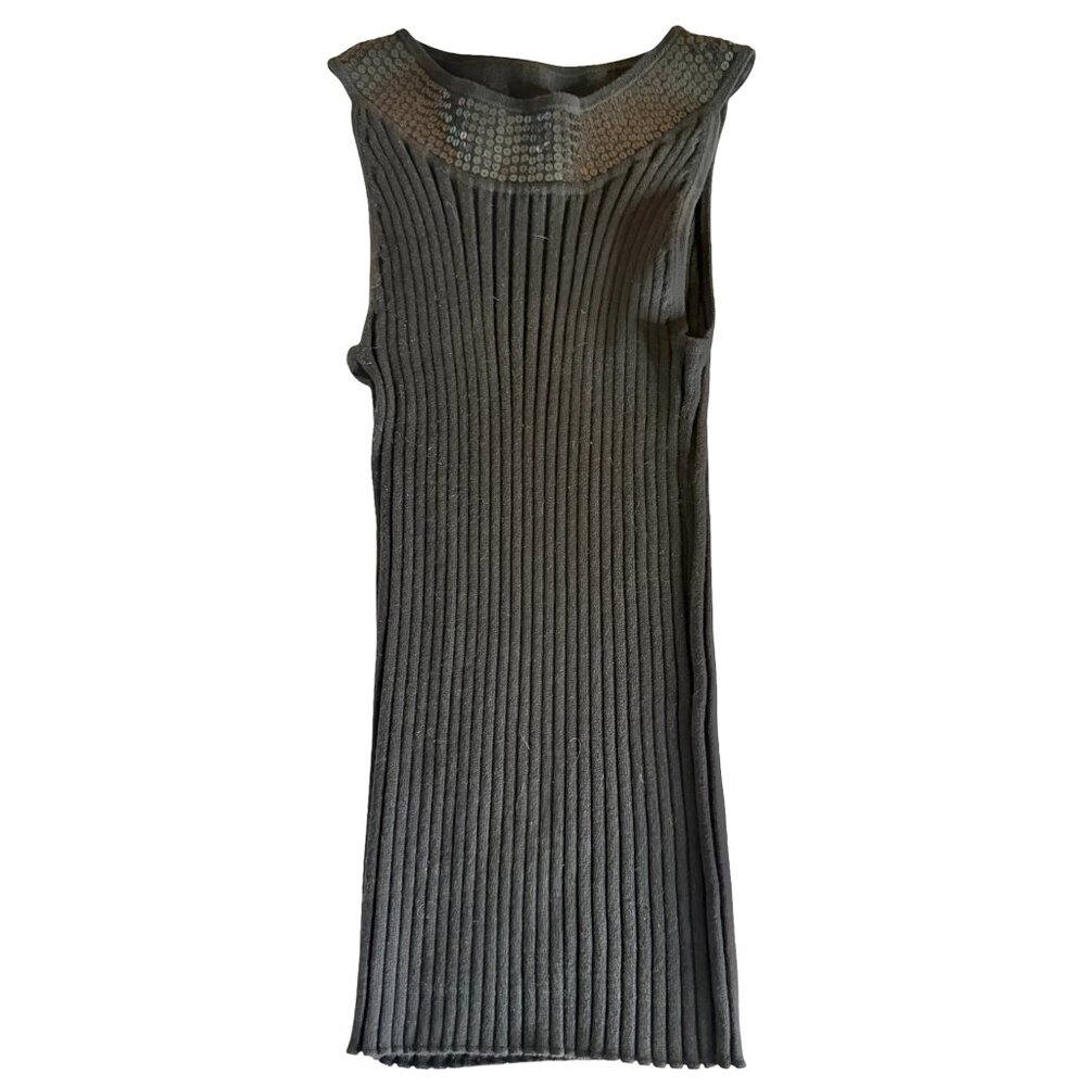 Kenar Black Ribbed Sleeveless Sweater Tank with Sequin Collar Detail – M